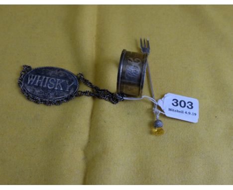 3 x Silver Items – Decanter Label “Whisky”, London, 6cm on chain, small Fork with amber glass bead acorn on end, 12cm and Nap