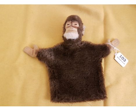 Early STEIFF Jacko the Monkey Hand Puppet with brown mohair fur (Steiff button in ear), 23cm long x 28cm w