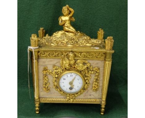 Small brown marble cased Mantel Clock in an ornate gilt frame with reeded shape outer columns and seated cherub above, ename