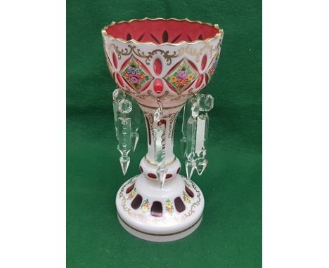  Opaline overlaid Epergne/Table Centrepiece with a gold painted scalloped rim over floral panels, 8 cut glass faceted droplet