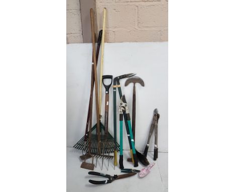  Group of garden tools and a (green) metal ladder 