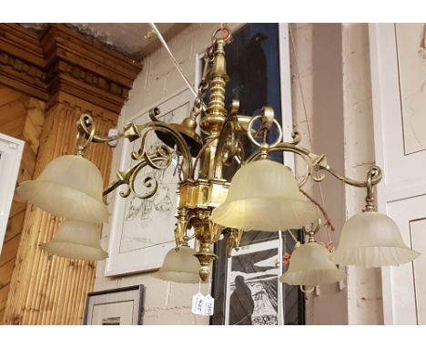  Late 19th C large Gothic Design solid Brass Chandelier, with 6 branches and glass shades , 30cm h x 95cm w approx 