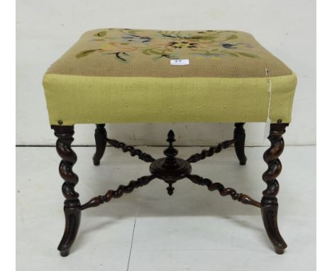 Victorian mahogany square Footstool with Berlin woolwork seat raised on cabriole supports with bobbin turned X-framed stretch