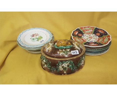 Selection of ceramic Plates, incl. Minton, 3x Doulton character plates etc &amp; a Wedgewood Majolica Game Pie Dish (cracked)