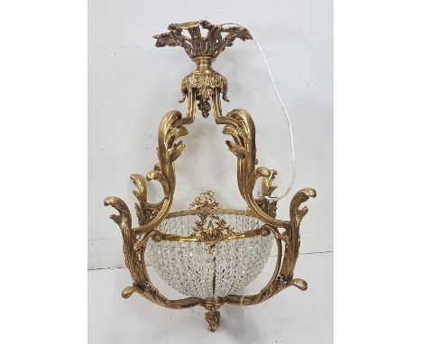  Fine cast brass framed Ceiling Light, with 4 scrolled sides and a glass beaded basket within, 3 light fittings inside, 76cm 