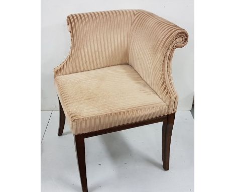 Modern Corner Armchair, upholstered with light brown corded fabric, on light mahogany coloured tapered legs