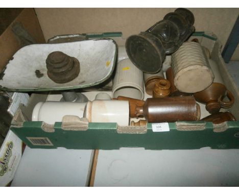 box inc oil lamp, scales and stoneware