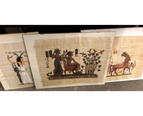 EGYPTIAN PAPYRUS TYPE PRINTS, PAIR OF JEAN GRUEZE PORTRAIT PRINTS IN OAK FRAMES 