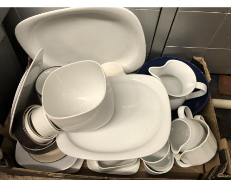 CONTENTS OF CARTON - VILLEROY AND BOSCH CUPS AND SAUCERS, LSA PLATES AND PLATTERS, DENBY, ETC