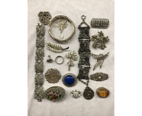 BAG CONTAINING WHITE METAL FILIGREE BANGLE, PILL BOXES, MARCASITE AND PAVE SET COSTUME JEWELLERY