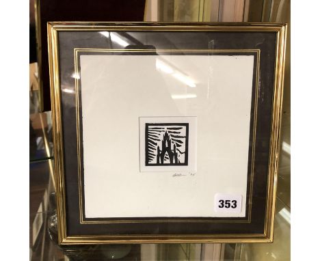 BLOCK PRINT OF A CATHEDRAL, SIGNATURE IN PENCIL INDISTINCT IN EASEL BACK FRAME 19CM X 19CM