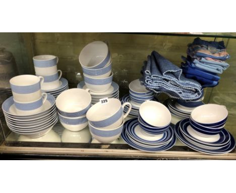 CONRAN SHOP LARGE AND BLUE WHITE STRIPED CUPS AND SAUCERS, PLACE MAT SETTINGS AND NAPKINS 