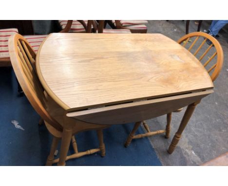 LIGHT WOOD DROP FLAP TABLE AND FOUR HOOP BACK KITCHEN CHAIRS 61CM X 105CM (UNOPENED)/ 105CM DIAMETER (OPENED) 