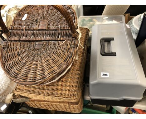 WICKER BASKET WITH LIGHT SHADES AND FITTING WITHIN, WICKER BASKET OF KNITTING NEEDLES AND A CANTILEVER BOX OF NEEDLE CRAFT AN