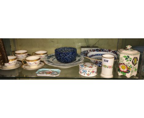 FOUR MINTON TEA CUPS AND SAUCERS, ROYAL CROWN STAFFORDSHIRE POT AND COVER, FRENCH PIN TRAY, ETC