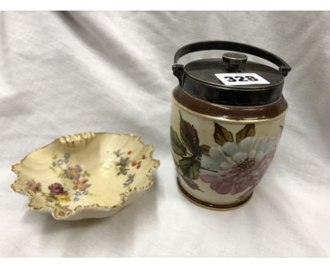 ROYAL WORCESTER 1413 BLUSH FLORAL CRIMPED DISH AND STONEWARE MINIATURE POT WITH EPNS MOUNTS