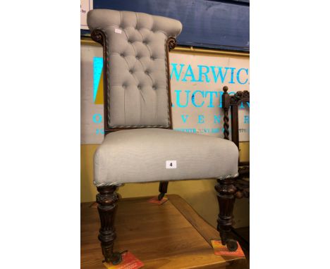 VICTORIAN ROSEWOOD BLUE BUTTON BACK FABRIC PRAYER CHAIR 
