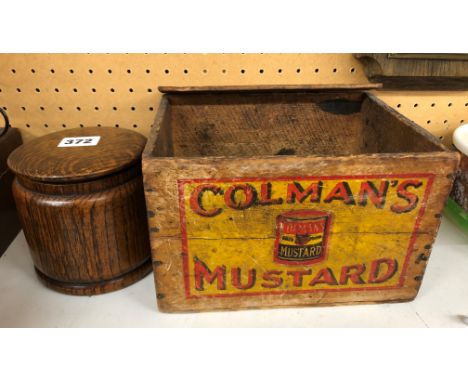 VINTAGE COLMAN'S MUSTARD ADVERTISING BOX AND A WOODEN TEA CADDY
