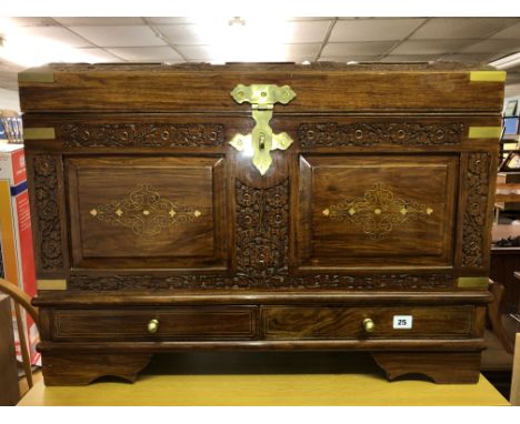 ROSE WOOD CARVED AND BRASS INLAID DOME TOP TRUNK WITH SIDE CARRYING HANDLES W76CM D42CM H57CM