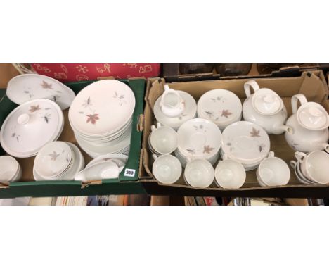 EXTENSIVE ROYAL DOULTON TUMBLING LEAVES BONE CHINA TEA AND TABLE SERVICE (LID TO TEAPOT AS FOUND)