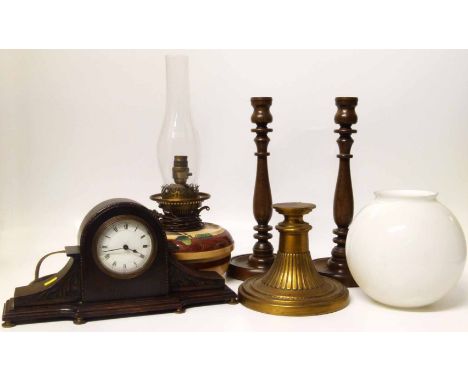 Moorcroft style oil lamp (Hink's No. 2 Duplex) in brass stand, pair of oak candlesticks and an oak cased mantel clock. Condit