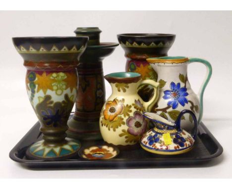Gouda candlestick, three jugs, pin dish and two astra vases. Condition report: see terms and conditions