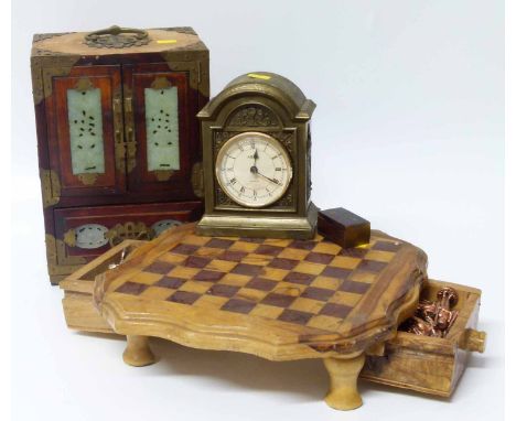 Small oriental cabinet inset with jade, aynsley mantel clock, domino box - metalware chess set c/w pieces Condition report: s