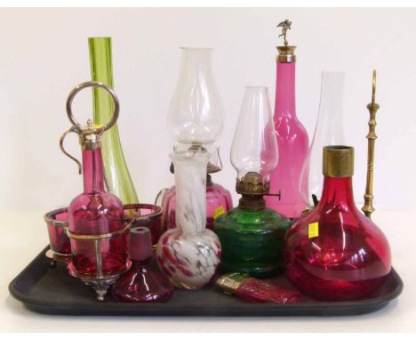 Cranberry glass bottle decanter, lamps, atomiser and other glass Condition report: see terms and conditions