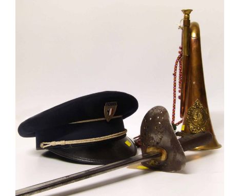 Edward VIII R.A.M.C. 1897 pattern sword (no scabbard) also an Argle Highlander bugle and a French police cap. Condition repor