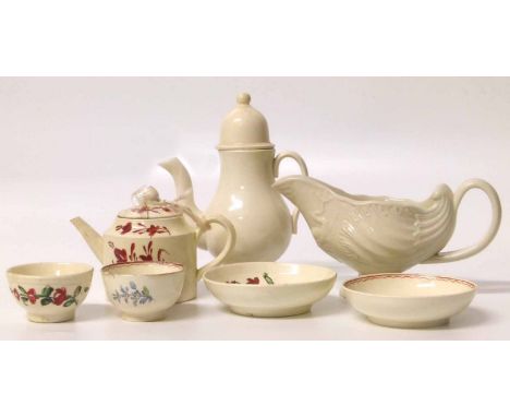 Two miniature cream ware tea bowls and saucers, a teapot, miniature coffee pot and cream boat. Condition report: see terms an