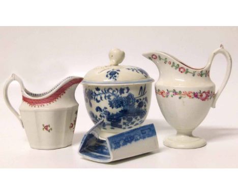 Newhall cream jug, another similar, Spode pearl ware asparagus server and a pearl ware sucrier copying fence pattern Worceste
