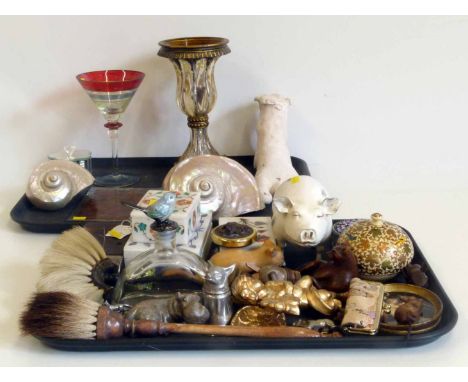 Collection of mixed interior decorators items including a reproduction vase, plaster foot, coloured martini glass, two pearl 