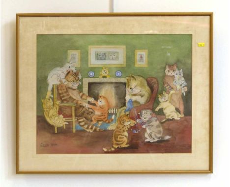 Louis Wain Cat Print Mounted Art 1983 Vintage Original Print Ready to Frame  Afternoon Tea at Home