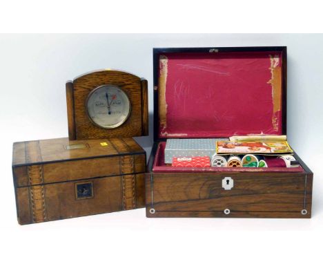 Victorian rosewood sewing box and contents, walnut jewellery box and Short + Mason aneroid barometer Condition report: see te