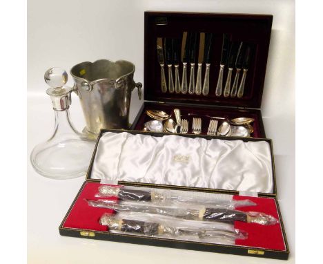 Carrs contemporary silver mounted ships decanter, an ice bucket, Heron carving set and a House of Fraser canteen of cutlery C