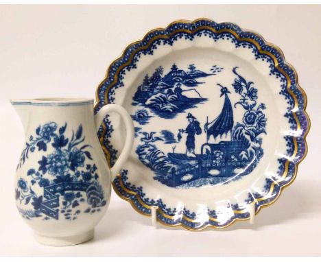 Worcester cream jug printed in fence pattern also a fisherman plate. Condition report: see terms and conditions