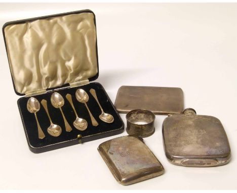 Silver hip flask, two silver cigarette cases, napkin ring and six tea spoons. Condition report: see terms and conditions