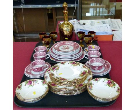 18 pcs Royal Albert 'Old Country Roses' 23pcs spode 'pink camilla' tea ware and 7 pc. Ruby Red decanter set Condition report: