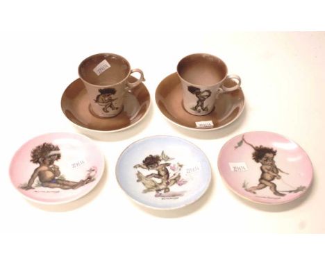 Collection of Brownie Downing table wares comprising 2 coffee cups &amp; saucers, and 3 dishes