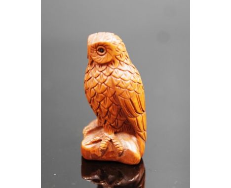 Japanese carved timber netsuke of an owl signed to base, 5cm high.