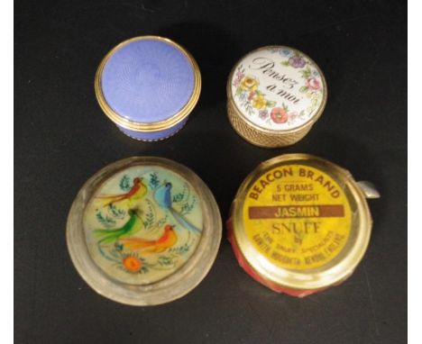 Three various small decorative lidded pill boxes including: Oriental bird decorated box, on silvered base; an enamel decorate