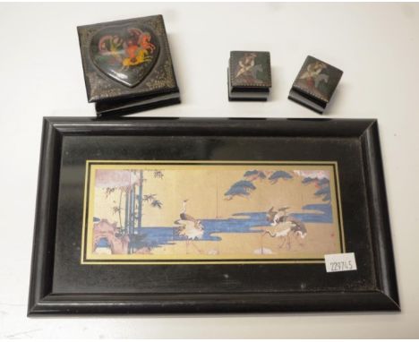Three Russian lacquer ware trinket boxes together with a framed Oriental print