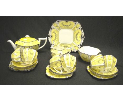 Art Deco twenty piece Shelley Queen Anne teaset pattern: yellow garden of flowers, comprising 6 cups, 6 saucers (1 repaired a