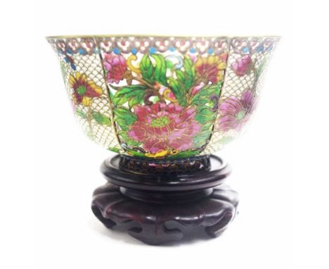 Chinese Plique a Jour enamel basin &amp; stand traditional plique a jour blossom decoration to pierced bowl, (height 7cm; dia