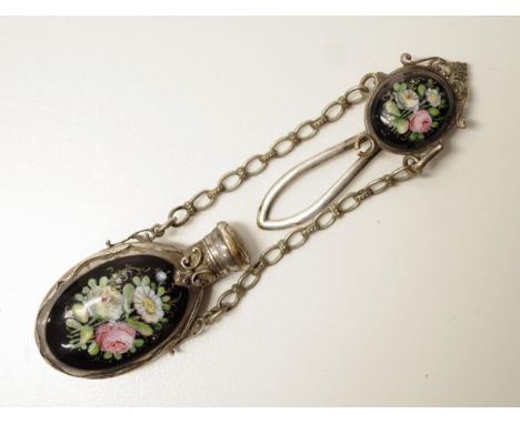 Enamel &amp; silver plate perfume bottle chatelaine with ornate floral enamel decoration to perfume bottle and clip