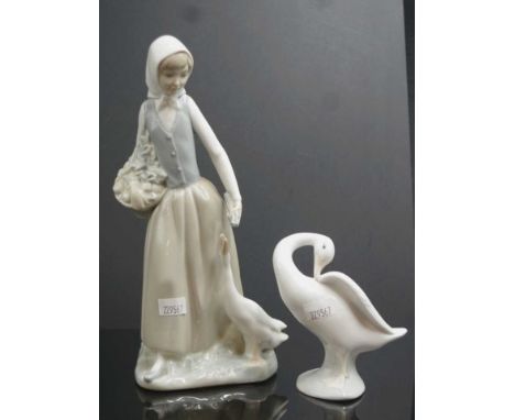 Lladro duck figurine together with a Nao young lady feeding a dick figurine, height 24cm approx