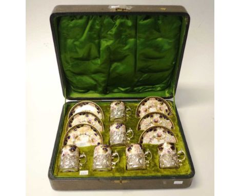 Sterling silver cased Royal Crown derby coffee set comprising 6 Royal Crown Derby Imari coffee cups &amp; saucers, with each 