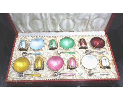 Cased Danish silver harlequin enamel condiment set marked VB sterling Denmark, comprising 6 sets of salt cellars, pepper shak