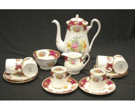 Fifteen piece Shelley "Duchess" coffee set comprising 6 coffee cans &amp; saucers, a coffee pot, sugar and creamer