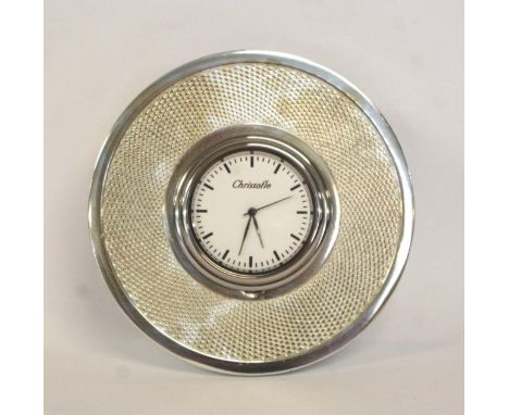 Small Christofle silver plate desk clock with quartz movement. C:1980's. 8.5cm high.
